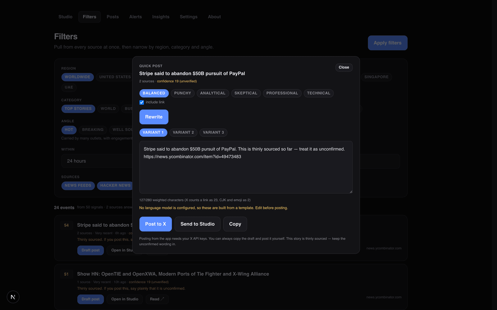 The quick-post composer: tone options, three draft variants, an editable post with a weighted character count, and a Post to X button.