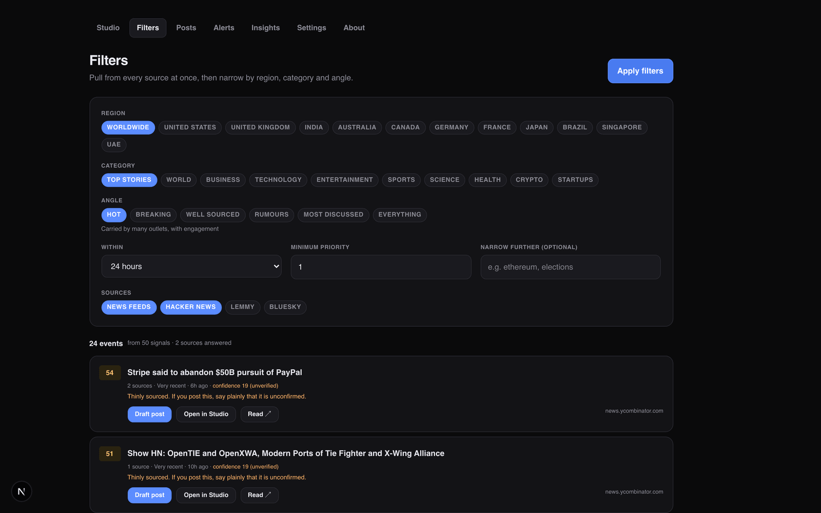 The Filters screen: region, category and angle chips above a ranked list of news events, each showing source count, freshness and a confidence score.