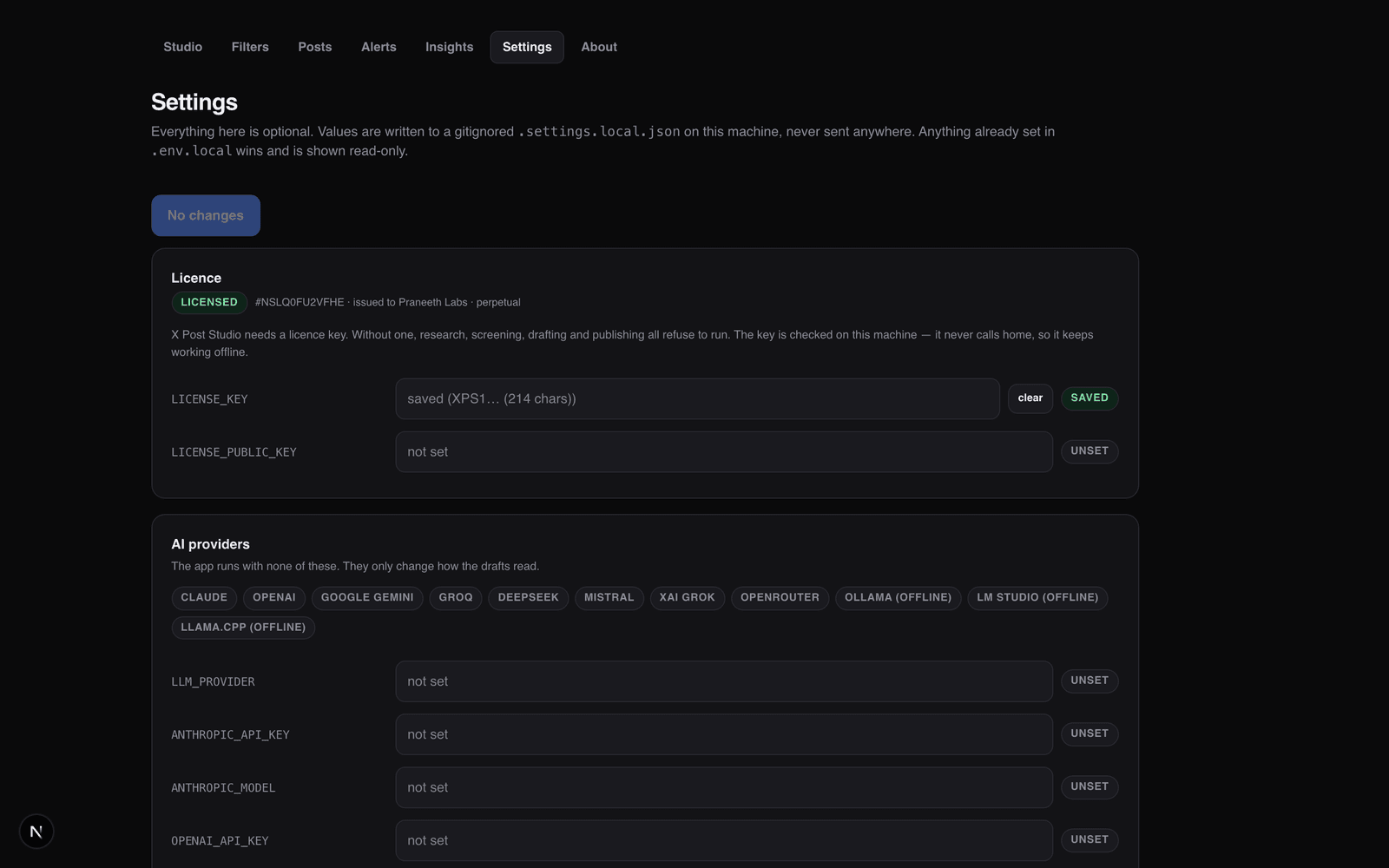 The Settings screen showing an active licence and a list of twelve supported AI providers, three of which run offline.
